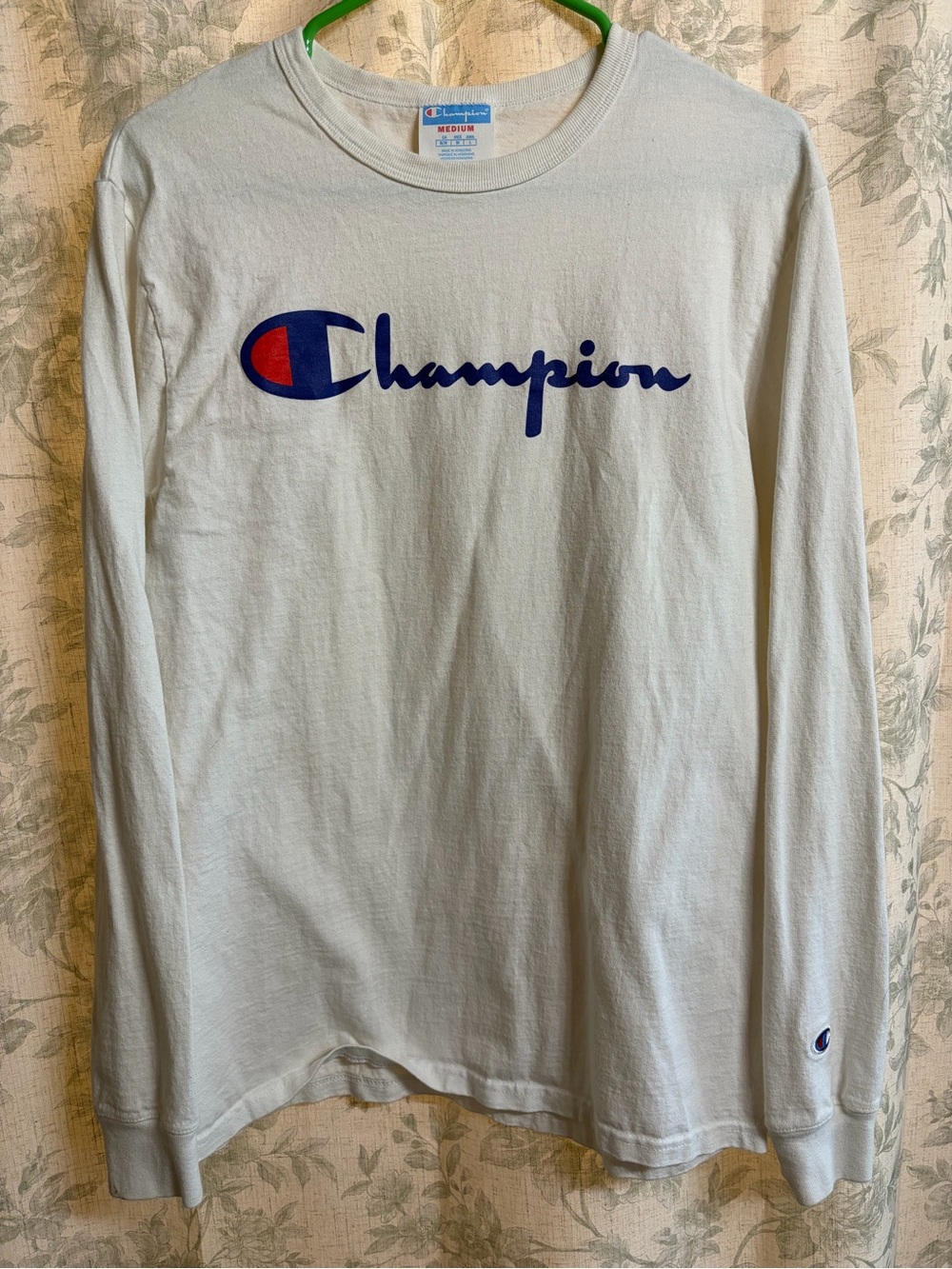 Champion Long Sleeve Tee in Off-White with Blue & Red Logo